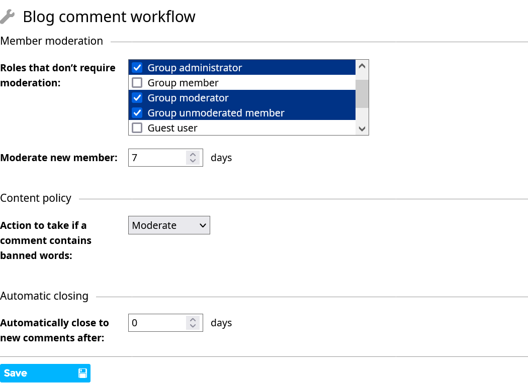 Blog comment moderation settings